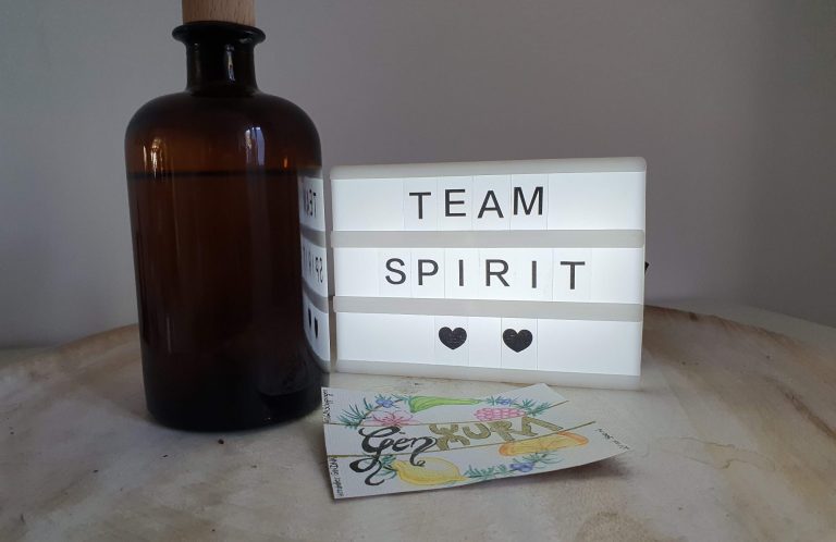 Team Abend mit eigenem Gin 2022 Braune Flasche, beleuchtetes Schild mit „TEAM SPIRIT“ und eine illustrierte Karte.